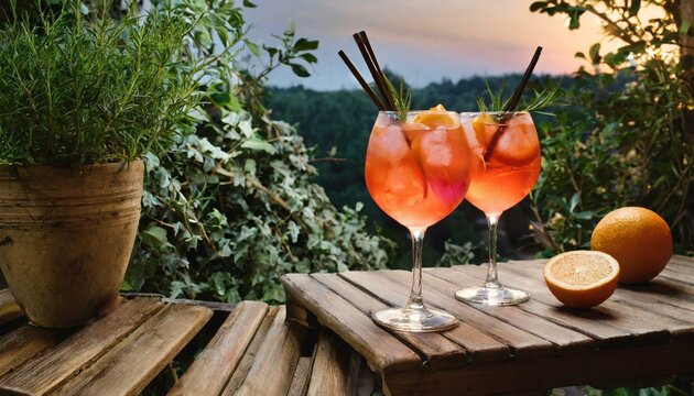 Ramazzotti Cocktail sobre una mesa de madera, decorada con naranjas, rodeado de plantas en un ambiente calido