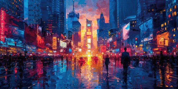 impasto painting, A city at night comes to life with people bustling about, each holding umbrellas to shield themselves from the rain. The vibrant city lights reflect off the wet pavement, creating a © lublubachka