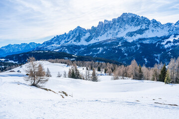 Winter landscape with snow covered Dolomites in Kronplatz, Italy