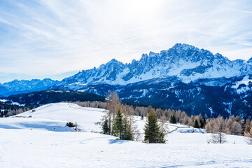 Winter landscape with snow covered Dolomites in Kronplatz, Italy