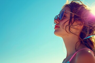close up portrait of a woman wearing sunglasses, enjoying a sunny day