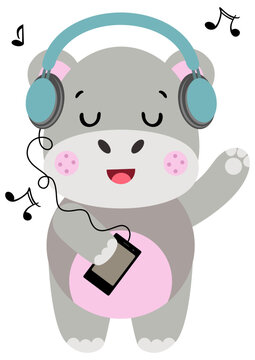 recommend clip art: Funny hippo listening music with headphones
