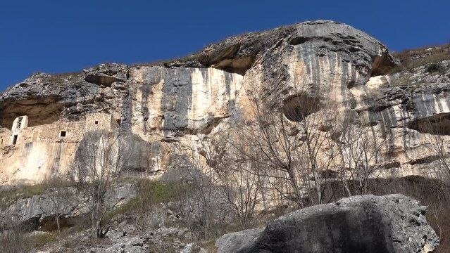 Roccamorice, Italy The ancient Eremo di San Bartolomeo monastery in the rock in the Abruzzo region. 