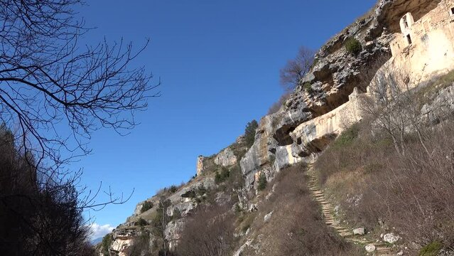 Roccamorice, Italy The ancient Eremo di San Bartolomeo monastery in the rock in the Abruzzo region. 