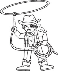 Cowgirl with Lasso Isolated Coloring Page for Kids