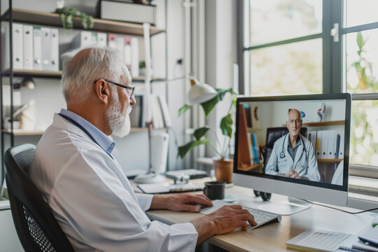 An experienced elderly male doctor with white hair and glasses, dressed in a professional white lab coat with a stethoscope around his neck, is engaged in a telemedicine consultation.