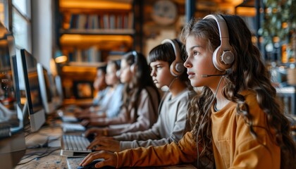 Diverse group of children sitting together in classroom engaged in learning computer education