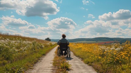Under a clear blue sky, a determined person in a wheelchair navigates a scenic path adorned with vibrant flowers, showcasing the beauty and resilience of nature and humanity