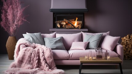 White sofa with pink pillows and fur and woolen blankets near fireplace. Scandinavian hygge home interior design of modern living room

