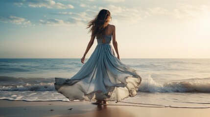 Fototapeta na wymiar Beautiful woman in dress walking on the beach at sunset.