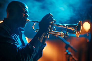 Jazz Trumpeter, African American man playing the trumpet on a blue stage full of rhythm and musical...