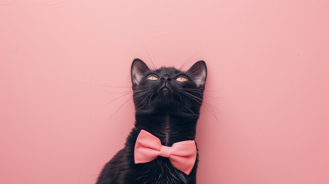 Sophisticated Feline Style: Black Cat in Pink Tie Looking Up with a Pink Background