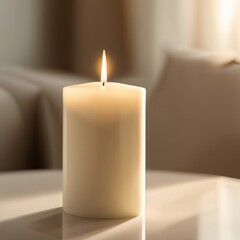 White Candle on Table in Front of Window with Blinds Open
