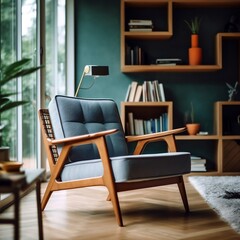 Modern living room with green wall and bookshelf
