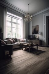 Living Room with Gray Walls, Couch, Coffee Table and Chandelier

