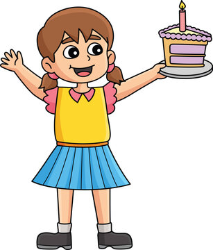 Girl Holding Happy Birthday Cake Cartoon Clipart