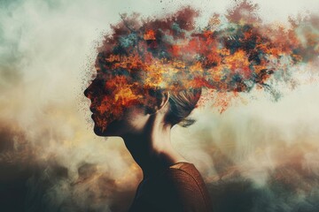 A womans head emitting a vibrant array of colored smoke, symbolizing creativity, imagination, and the complexity of the mind - obrazy, fototapety, plakaty