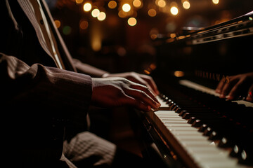 Jazz Pianist, hands of an elegant man playing the white keys of his instrument in a concert of classical music and improvisation - obrazy, fototapety, plakaty