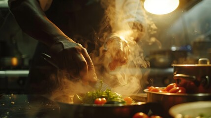 A solitary figure, enveloped in the warm glow of the indoor kitchen lights, deftly stirs a colorful array of vegetables in a sizzling wok, their movements guided by the expertise of a seasoned cook, 