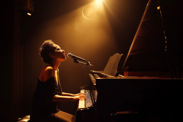 Jazz Singer and Pianist, woman giving her voice with energy and passion while playing a piano on a stage in an improvisation venue