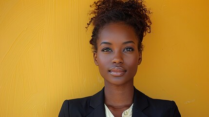 Confident young woman in black attire against a vivid yellow wall. - obrazy, fototapety, plakaty