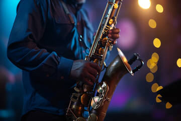 Obraz premium Jazz Saxophonist, rhythm and music of an improvised concert by an African American man on a stage full of lights