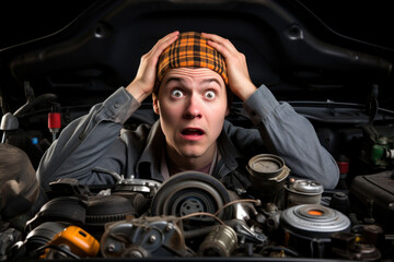 A mechanic, his face displaying shock, assesses a heap of car components due to an unexpected vehicle malfunction - obrazy, fototapety, plakaty