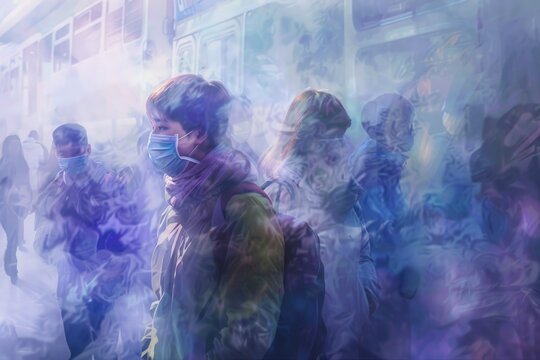 A man wearing a face mask stands out in a crowd of people, showcasing the importance of pandemic preparedness and safety measures during a public gathering