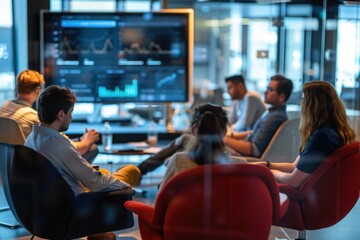 A diverse group of professionals gather in a conference room, engaging in a lively discussion about blockchain and finance, sharing ideas and expertise