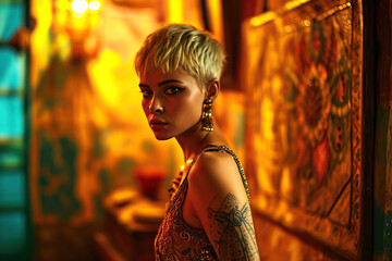 A woman with short brown hair and tattoos is standing in a dimly lit room