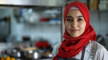 A cheerful woman stands in her cozy kitchen, her face adorned with a bright red scarf, adding a pop of color to her simple yet stylish outfit