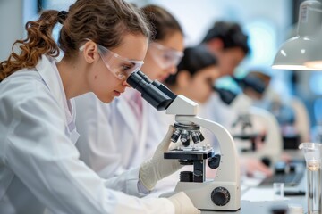 A group of scientists in lab coats are gathered around a microscope, carefully observing and analyzing samples with focused expressions