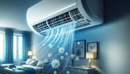 The air conditioner hangs on the wall and blows fresh cool air. Air conditioner close up