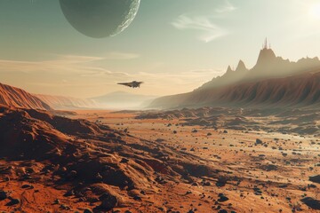 A futuristic spaceship gracefully glides over a rocky desert landscape on Mars, its sleek design contrasting against the rugged terrain below. The rust-colored rocks 