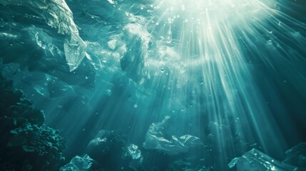 Mesmerizing hues of aqua and teal illuminate plastic bags submerged in an underwater world, revealing the destructive impact of human waste on nature - obrazy, fototapety, plakaty