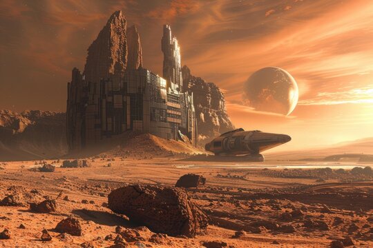 Discover a stunning scene on Mars, featuring advanced technology, alien structures, and a surreal atmosphere that transports viewers to a distant future