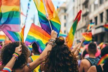A diverse group of people joyfully marching down the street while proudly waving rainbow flags at a Pride Parade celebration