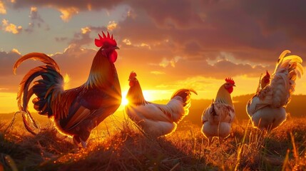 Hens and roosters in the field at sunset generative ai - obrazy, fototapety, plakaty