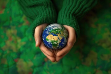 Palms gently support a miniature globe against a backdrop of vibrant green hues.