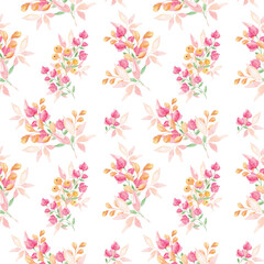 Fototapeta na wymiar Hand drawn watercolor pattern of peach blossoms. Texture. Painted flowers. Spring. Wedding. Home floral textiles. Tablecloth. Scrubbooking. Print for fabric. Summer.