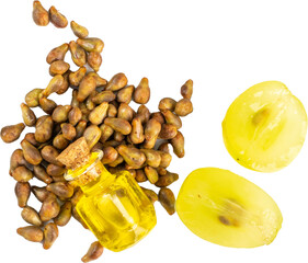 Grape Oil Seed in Small Vintage Bottle Isolated on White Background