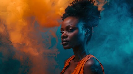 Stunning portrait of a woman in orange against vibrant blue and orange hues, artistic and expressive photography style. AI