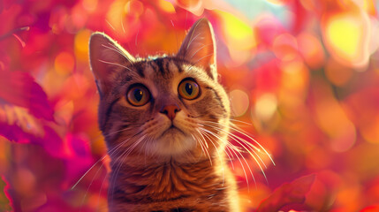A startled cat widens its eyes dramatically in a close-up shot against a vibrant background