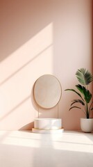 Pink Room with White Marble Vanity Table and Large Potted Plant
