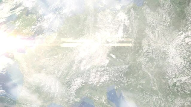 Earth zoom in from space and focus on Ansbach, Germany. 3D Animation. Satellite view. Background for travel intro. Images from NASA