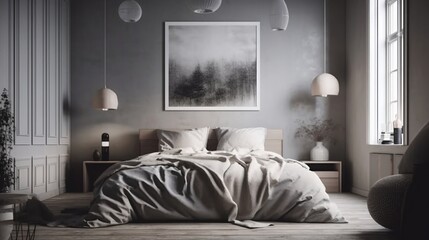 Large bed in a gray bedroom with two windows on either side
