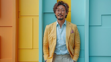 Stylish man in yellow blazer against blue and yellow backdrop.