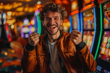 Obraz premium Happy young man smiling near slot machines in a casino
