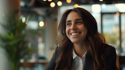 Obraz premium Professional woman smiling in casual office setting. relaxed work environment portrait. friendly business ambiance captured. AI