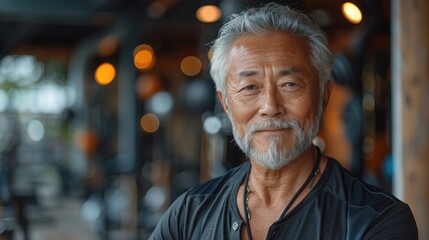 Smiling senior Asian man in a fitness center.